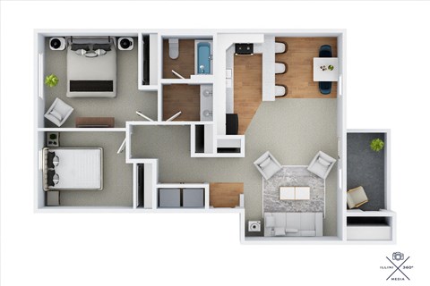 a stylized floor plan with a bedroom and a living room